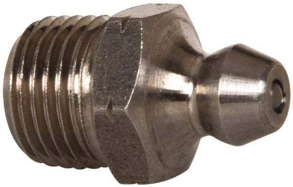 Alemite - Straight Head Angle, 1/4-28 Taper Nickel/Copper Standard Grease Fitting - 5/16" Hex, 17/32" Overall Height, 3/16" Shank Length - Industrial Tool & Supply