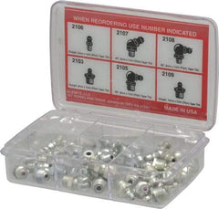 Alemite - 44 Piece, Metric, Box Grease Fitting Set - Includes Metric Thread Types, Includes M10x1: (10) Straight, M6x1: (10) Straight, (6) 45°, (6) 90°, M8x1: (6) Straight, (6) 90° - Industrial Tool & Supply