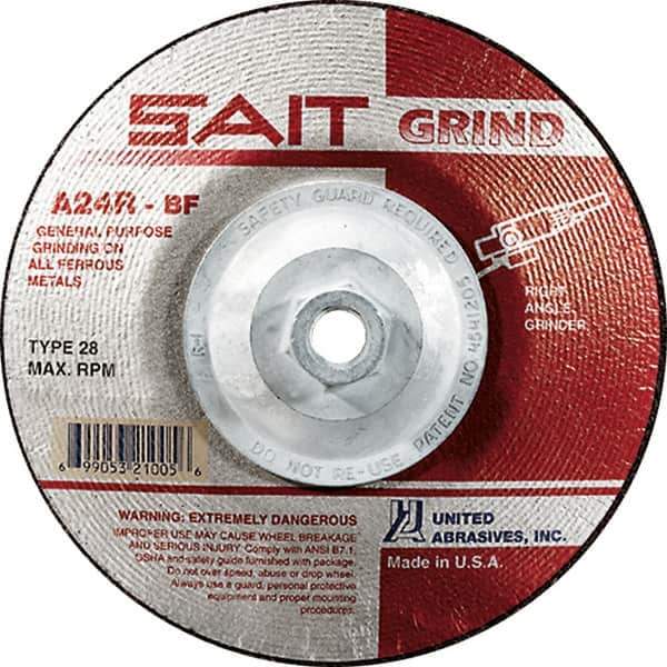 Sait - 24 Grit, 4-1/2" Wheel Diam, 1/4" Wheel Thickness, Type 28 Depressed Center Wheel - Aluminum Oxide, Resinoid Bond, R Hardness, 13,300 Max RPM, Compatible with Angle Grinder - Industrial Tool & Supply
