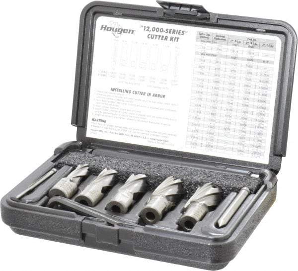 Hougen - 8 Piece, 9/16 to 1-1/16" Cutter Diam, 1" Cutting Depth, High Speed Steel Annular Cutter Set - Bright Finish, 3/4" Shank Diam, 9/16, 11/16, 13/16, 15/16, 1-1/16" Cutter Diams, 2 Flats on Shank - Industrial Tool & Supply