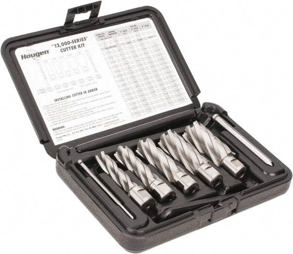 Hougen - 8 Piece, 9/16 to 1-1/16" Cutter Diam, 2" Cutting Depth, High Speed Steel Annular Cutter Set - Bright Finish, 3/4" Shank Diam, 9/16, 11/16, 13/16, 15/16, 1-1/16" Cutter Diams, 2 Flats on Shank - Industrial Tool & Supply