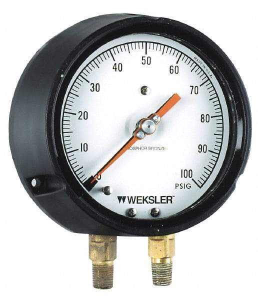 Weksler Instruments - 4-1/2" Dial, 1/4 Thread, 0-200 Scale Range, Pressure Gauge - Lower Connection, Rear Flange Connection Mount - Industrial Tool & Supply