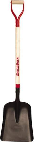 Razor-Back - 14-1/2" High x 11-1/2" Wide Square Steel Scoop - 34" Long Wood D-Grip Handle, No Step - Industrial Tool & Supply