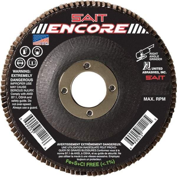Sait - 80 Grit, 5" Disc Diam, 7/8" Center Hole, Type 27 Zirconia Alumina Flap Disc - 12,200 Max RPM, Fiberglass Backing, Arbor Attaching System, Coated - Industrial Tool & Supply