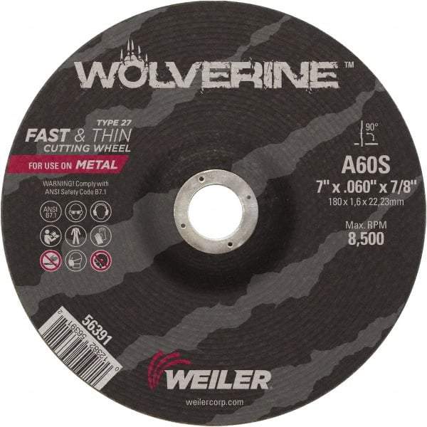 Weiler - 60 Grit, 7" Wheel Diam, 7/8" Arbor Hole, Type 27 Depressed Center Wheel - Medium Grade, Aluminum Oxide, Resinoid Bond, S Hardness, 8,500 Max RPM - Industrial Tool & Supply