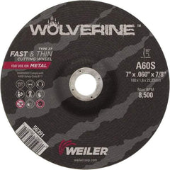 Weiler - 60 Grit, 7" Wheel Diam, 7/8" Arbor Hole, Type 27 Depressed Center Wheel - Medium Grade, Aluminum Oxide, Resinoid Bond, S Hardness, 8,500 Max RPM - Industrial Tool & Supply