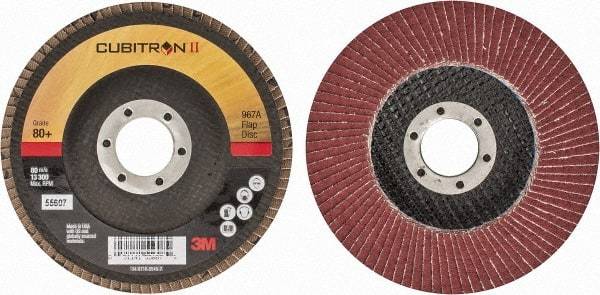 3M - 80 Grit, 4-1/2" Disc Diam, 7/8" Center Hole, Type 27 Ceramic Flap Disc - 13,300 Max RPM, Cloth Backing, Arbor Attaching System, Coated - Industrial Tool & Supply