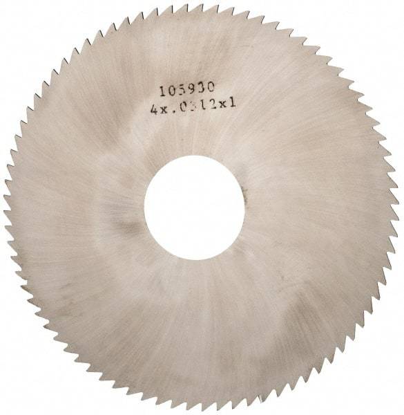 Made in USA - 4" Diam x 0.0312" Blade Thickness x 1" Arbor Hole Diam, 80 Tooth Slitting and Slotting Saw - Arbor Connection, Right Hand, Uncoated, Solid Carbide, 5° Rake, Concave Ground - Industrial Tool & Supply