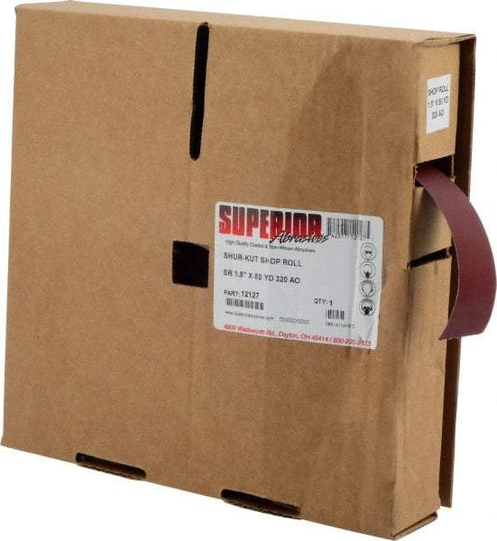 Superior Abrasives - 1-1/2" x 50 Yd 320 Grit Aluminum Oxide Cloth Roll - Extra Fine Grade, J Weighted Backing - Industrial Tool & Supply