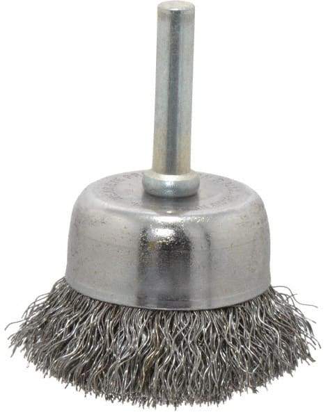 Made in USA - 1-3/4" Diam, 1/4" Shank Crimped Wire Steel Cup Brush - 0.0104" Filament Diam, 3/4" Trim Length, 13,000 Max RPM - Industrial Tool & Supply