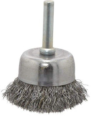 Made in USA - 1-3/4" Diam, 1/4" Shank Crimped Wire Steel Cup Brush - 0.0104" Filament Diam, 3/4" Trim Length, 13,000 Max RPM - Industrial Tool & Supply