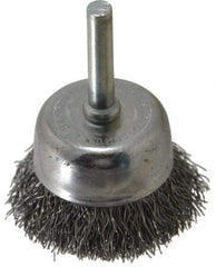 Made in USA - 1-3/4" Diam, 1/4" Shank Crimped Wire Steel Cup Brush - 0.0118" Filament Diam, 3/4" Trim Length, 13,000 Max RPM - Industrial Tool & Supply
