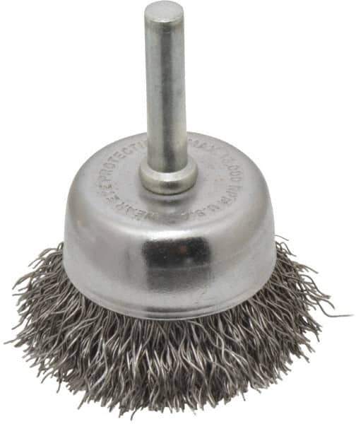 Made in USA - 1-3/4" Diam, 1/4" Shank Crimped Wire Steel Cup Brush - 0.014" Filament Diam, 3/4" Trim Length, 13,000 Max RPM - Industrial Tool & Supply