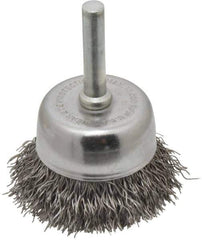 Made in USA - 1-3/4" Diam, 1/4" Shank Crimped Wire Steel Cup Brush - 0.014" Filament Diam, 3/4" Trim Length, 13,000 Max RPM - Industrial Tool & Supply