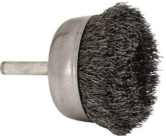 Made in USA - 2-1/4" Diam, 1/4" Shank Crimped Wire Steel Cup Brush - 0.0104" Filament Diam, 5/8" Trim Length, 13,000 Max RPM - Industrial Tool & Supply