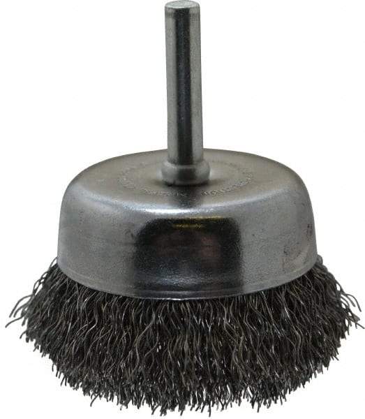 Made in USA - 2-1/4" Diam, 1/4" Shank Crimped Wire Steel Cup Brush - 0.0118" Filament Diam, 5/8" Trim Length, 13,000 Max RPM - Industrial Tool & Supply