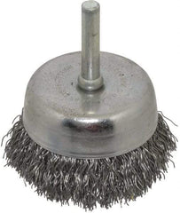 Made in USA - 2-1/4" Diam, 1/4" Shank Crimped Wire Steel Cup Brush - 0.014" Filament Diam, 5/8" Trim Length, 13,000 Max RPM - Industrial Tool & Supply