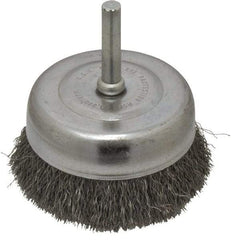 Made in USA - 2-3/4" Diam, 1/4" Shank Crimped Wire Steel Cup Brush - 0.008" Filament Diam, 7/8" Trim Length, 13,000 Max RPM - Industrial Tool & Supply