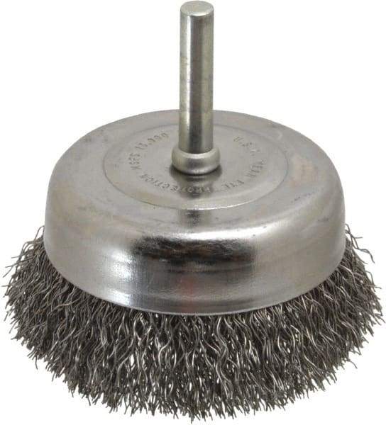 Made in USA - 2-3/4" Diam, 1/4" Shank Crimped Wire Steel Cup Brush - 0.0118" Filament Diam, 7/8" Trim Length, 13,000 Max RPM - Industrial Tool & Supply