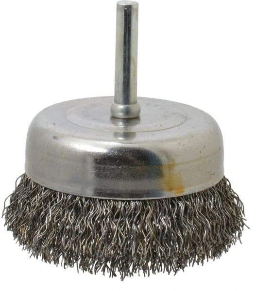 Made in USA - 2-3/4" Diam, 1/4" Shank Crimped Wire Steel Cup Brush - 0.014" Filament Diam, 7/8" Trim Length, 13,000 Max RPM - Industrial Tool & Supply