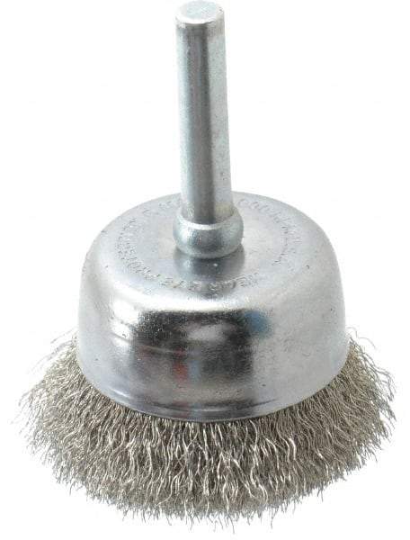Made in USA - 1-3/4" Diam, 1/4" Shank Crimped Wire Stainless Steel Cup Brush - 0.006" Filament Diam, 3/4" Trim Length, 13,000 Max RPM - Industrial Tool & Supply