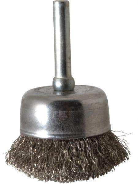 Made in USA - 1-3/4" Diam, 1/4" Shank Crimped Wire Stainless Steel Cup Brush - 0.008" Filament Diam, 3/4" Trim Length, 13,000 Max RPM - Industrial Tool & Supply