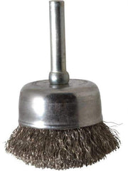 Made in USA - 1-3/4" Diam, 1/4" Shank Crimped Wire Stainless Steel Cup Brush - 0.008" Filament Diam, 3/4" Trim Length, 13,000 Max RPM - Industrial Tool & Supply