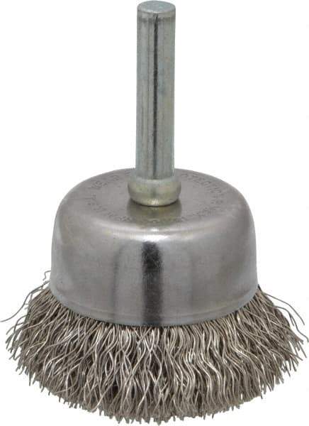 Made in USA - 1-3/4" Diam, 1/4" Shank Crimped Wire Stainless Steel Cup Brush - 0.0118" Filament Diam, 3/4" Trim Length, 13,000 Max RPM - Industrial Tool & Supply