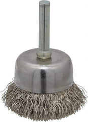 Made in USA - 1-3/4" Diam, 1/4" Shank Crimped Wire Stainless Steel Cup Brush - 0.0118" Filament Diam, 3/4" Trim Length, 13,000 Max RPM - Industrial Tool & Supply
