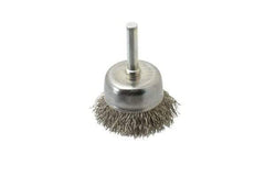 Made in USA - 1-3/4" Diam, 1/4" Shank Crimped Wire Stainless Steel Cup Brush - 0.014" Filament Diam, 3/4" Trim Length, 13,000 Max RPM - Industrial Tool & Supply