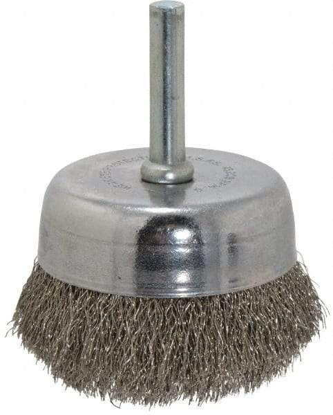 Made in USA - 2-1/4" Diam, 1/4" Shank Crimped Wire Stainless Steel Cup Brush - 0.008" Filament Diam, 5/8" Trim Length, 13,000 Max RPM - Industrial Tool & Supply