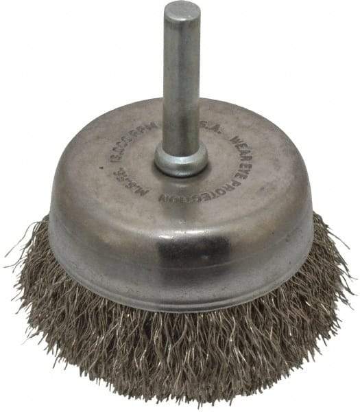 Made in USA - 2-1/4" Diam, 1/4" Shank Crimped Wire Stainless Steel Cup Brush - 0.0104" Filament Diam, 5/8" Trim Length, 13,000 Max RPM - Industrial Tool & Supply