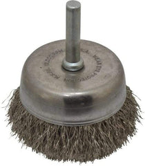 Made in USA - 2-1/4" Diam, 1/4" Shank Crimped Wire Stainless Steel Cup Brush - 0.0104" Filament Diam, 5/8" Trim Length, 13,000 Max RPM - Industrial Tool & Supply