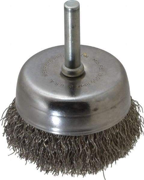 Made in USA - 2-1/4" Diam, 1/4" Shank Crimped Wire Stainless Steel Cup Brush - 0.0118" Filament Diam, 5/8" Trim Length, 13,000 Max RPM - Industrial Tool & Supply