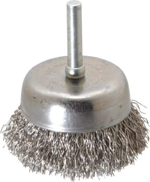 Made in USA - 2-1/4" Diam, 1/4" Shank Crimped Wire Stainless Steel Cup Brush - 0.014" Filament Diam, 5/8" Trim Length, 13,000 Max RPM - Industrial Tool & Supply