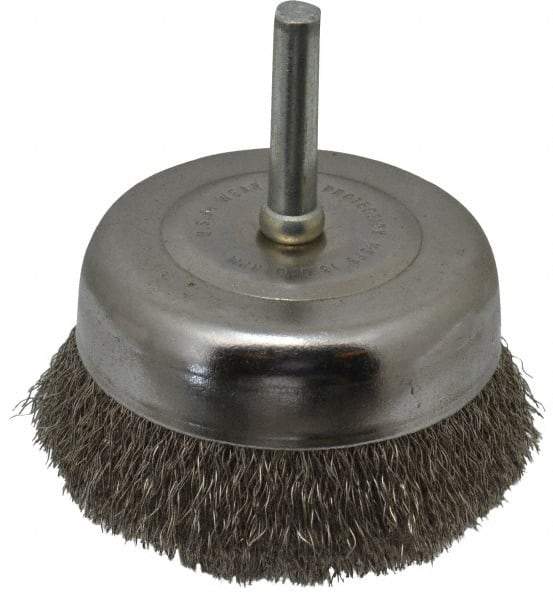 Made in USA - 2-3/4" Diam, 1/4" Shank Crimped Wire Stainless Steel Cup Brush - 0.008" Filament Diam, 5/8" Trim Length, 13,000 Max RPM - Industrial Tool & Supply