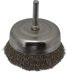 Made in USA - 2-3/4" Diam, 1/4" Shank Crimped Wire Stainless Steel Cup Brush - 0.008" Filament Diam, 5/8" Trim Length, 13,000 Max RPM - Industrial Tool & Supply