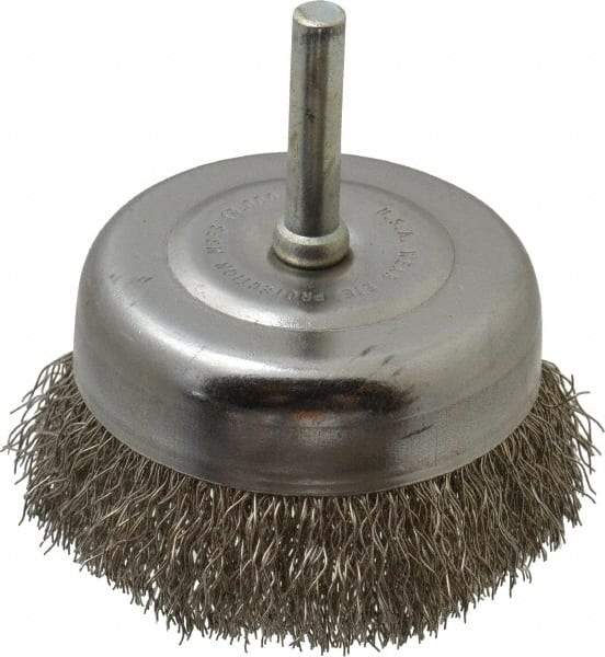 Made in USA - 2-3/4" Diam, 1/4" Shank Crimped Wire Stainless Steel Cup Brush - 0.0118" Filament Diam, 7/8" Trim Length, 13,000 Max RPM - Industrial Tool & Supply