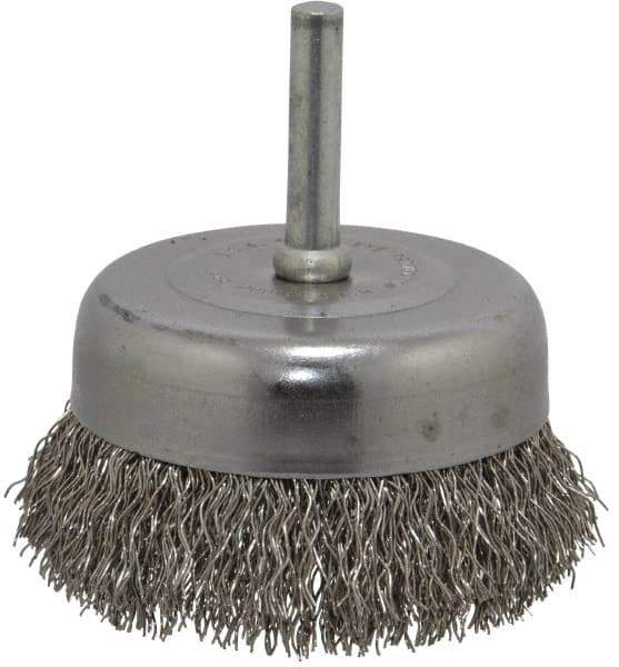 Made in USA - 2-3/4" Diam, 1/4" Shank Crimped Wire Stainless Steel Cup Brush - 0.014" Filament Diam, 7/8" Trim Length, 13,000 Max RPM - Industrial Tool & Supply