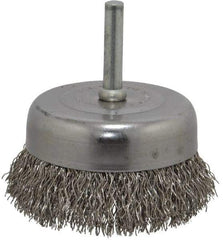 Made in USA - 2-3/4" Diam, 1/4" Shank Crimped Wire Stainless Steel Cup Brush - 0.014" Filament Diam, 7/8" Trim Length, 13,000 Max RPM - Industrial Tool & Supply
