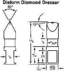 Made in USA - 0.02" Radius Single Point Diaform Diamond Dresser - 1-3/8" Long x 1/4" Shank Diam, 60° Included Angle - Industrial Tool & Supply