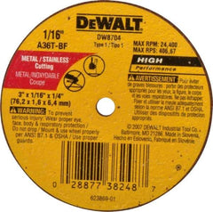 DeWALT - 3" 36 Grit Aluminum Oxide Cutoff Wheel - 1/16" Thick, 1/4" Arbor, 24,400 Max RPM, Use with Circular Saws - Industrial Tool & Supply