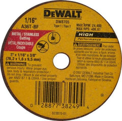 DeWALT - 3" 36 Grit Aluminum Oxide Cutoff Wheel - 1/16" Thick, 3/8" Arbor, 24,400 Max RPM, Use with Circular Saws - Industrial Tool & Supply