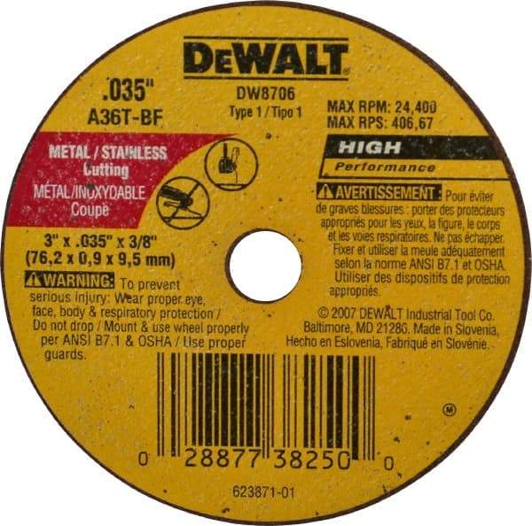 DeWALT - 3" 36 Grit Aluminum Oxide Cutoff Wheel - 0.035" Thick, 3/8" Arbor, 24,400 Max RPM, Use with Circular Saws - Industrial Tool & Supply