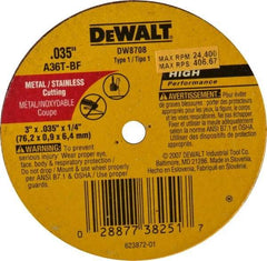 DeWALT - 3" 36 Grit Aluminum Oxide Cutoff Wheel - 0.035" Thick, 1/4" Arbor, 24,400 Max RPM, Use with Circular Saws - Industrial Tool & Supply
