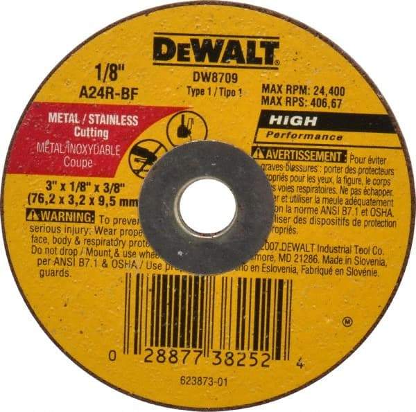 DeWALT - 3" 24 Grit Aluminum Oxide Cutoff Wheel - 1/8" Thick, 3/8" Arbor, 24,400 Max RPM, Use with Circular Saws - Industrial Tool & Supply
