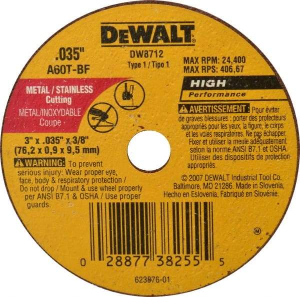 DeWALT - 3" 60 Grit Aluminum Oxide Cutoff Wheel - 0.035" Thick, 3/8" Arbor, 24,400 Max RPM, Use with Circular Saws - Industrial Tool & Supply