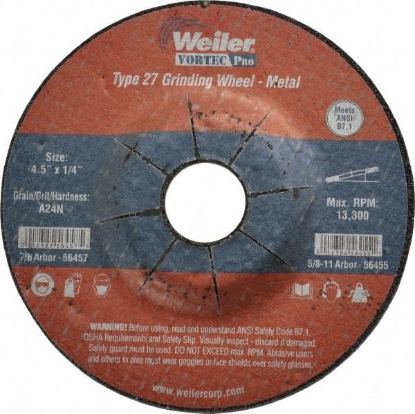 Weiler - 24 Grit, 4-1/2" Wheel Diam, 1/4" Wheel Thickness, 7/8" Arbor Hole, Type 27 Depressed Center Wheel - Very Coarse Grade, Aluminum Oxide, Resinoid Bond, N Hardness, 13,300 Max RPM, Compatible with Angle Grinder - Industrial Tool & Supply