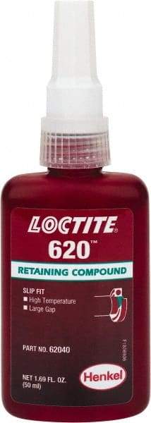Loctite - 50 mL Bottle, Green, Medium Strength Liquid Retaining Compound - Series 620, 24 hr Full Cure Time, Heat Removal - Industrial Tool & Supply