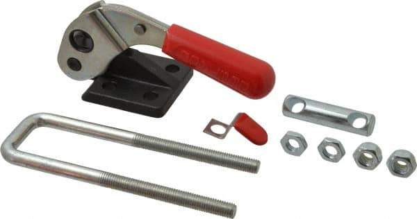 De-Sta-Co - 4,000 Lb Capacity, Vertical, U Hook, Flanged Base, Carbon Steel Pull Action Latch Clamp - 1-3/4" Drawing Movement, 6.6" OAL, Threaded U Hook, Straight Handle - Industrial Tool & Supply